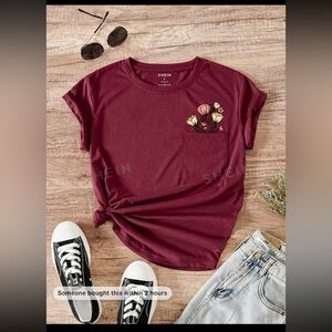 SHEIN Lune Floral Print Pocket Patched Tee Color Burgundy Size XL Short Sleeve
